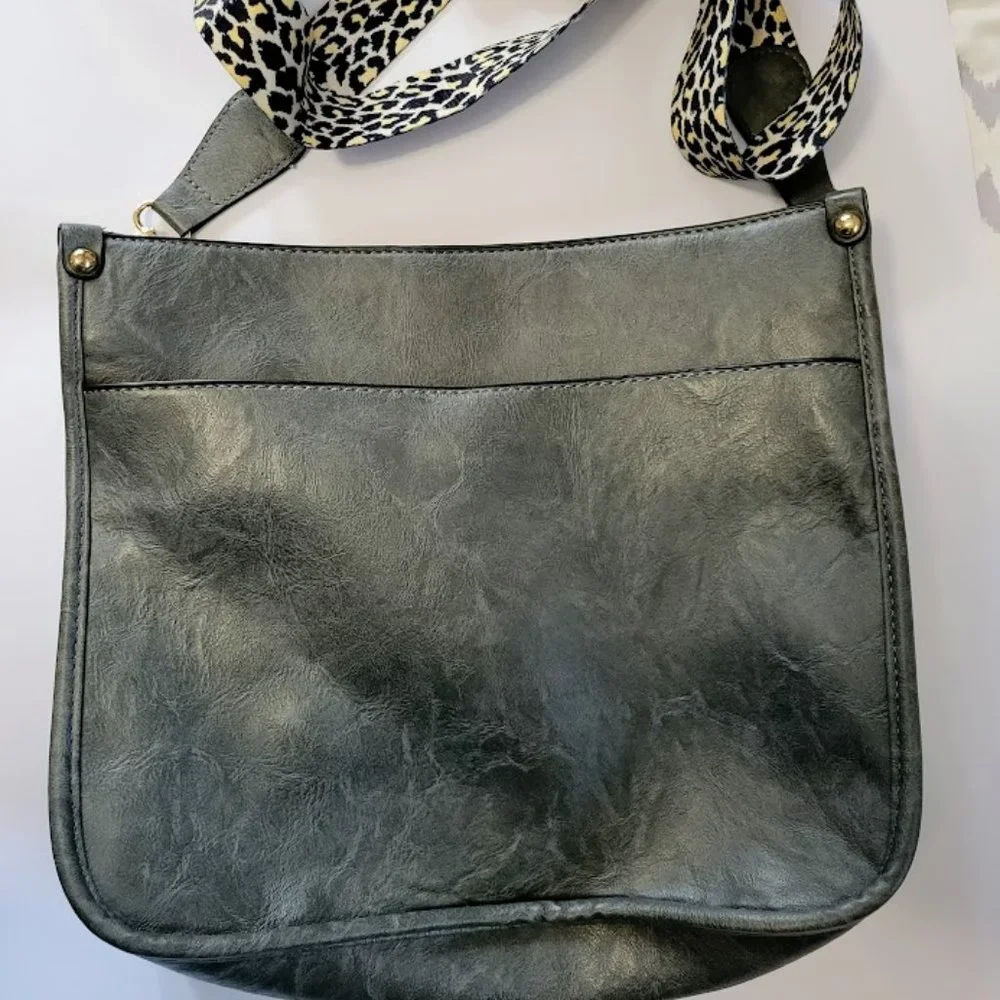 Gunmetal gray‎ faux leather handbag with animal print fabric strap
